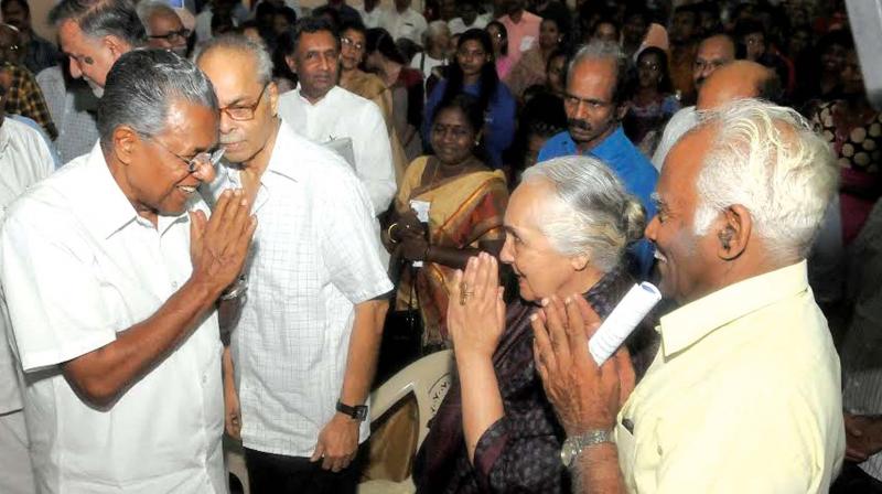 Chief Minister Pinarayi Vijayan greets historians Romila Thapar and M.R. Raghava Warrier at the curtain raiser public seminar in connection with the 77th session of the Indian History Congress at University Senate Hall in Thiruvananthapuram on Tuesday. Historian K.N. Panikker is also seen. (Photo: A.V. MUZAFAR) Chief Minister Pinarayi Vijayan greets historians Romila Thapar and M.R. Raghava Warrier at the curtain raiser public seminar in connection with the 77th session of the Indian History Congress at University Senate Hall in Thiruvananthapuram on Tuesday. Historian K.N. Panikker is also seen. (Photo: A.V. MUZAFAR)