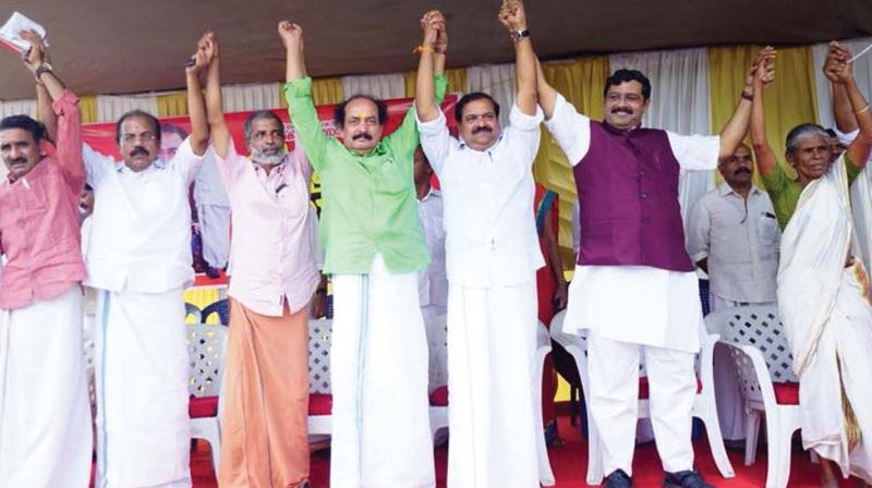 Leaders of Vayalkilikal at the BJP venue in Keezhattoor on Tuesday. Leaders of Vayalkilikal at the BJP venue in Keezhattoor on Tuesday.