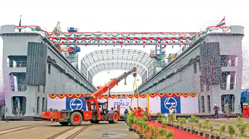Larsen & Toubro on Tuesday launched India's first indigenously built Floating Dock (FDN-2) at its greenfield shipyard in Kattupalli. (Photo: DC) Larsen & Toubro on Tuesday launched India's first indigenously built Floating Dock (FDN-2) at its greenfield shipyard in Kattupalli. (Photo: DC)
