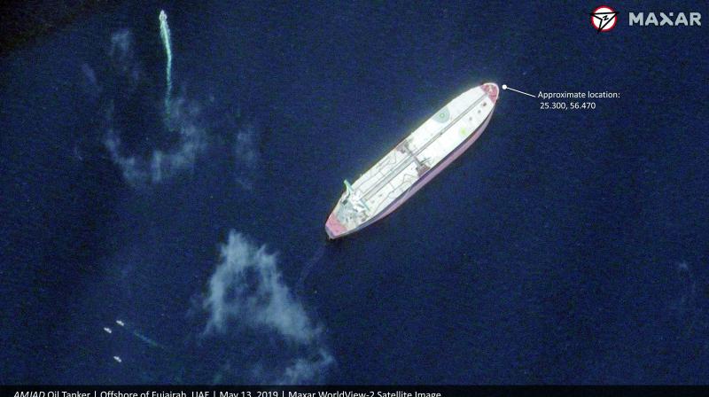 A satellite image provided by Maxar Technologies shows the Saudi-flagged oil tanker Amjad off the coast of Fujairah, United Arab Emirates, on Monday. (Photo - AP) A satellite image provided by Maxar Technologies shows the Saudi-flagged oil tanker Amjad off the coast of Fujairah, United Arab Emirates, on Monday. (Photo - AP)