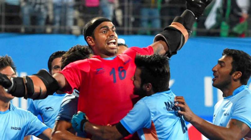 Goalkeeper PR Sreejesh starred as India sealed their place in the final of the Asian Champions Trophy after beating South Korea in the penalty shootout. (Photo: PTI) Goalkeeper PR Sreejesh starred as India sealed their place in the final of the Asian Champions Trophy after beating South Korea in the penalty shootout. (Photo: PTI)