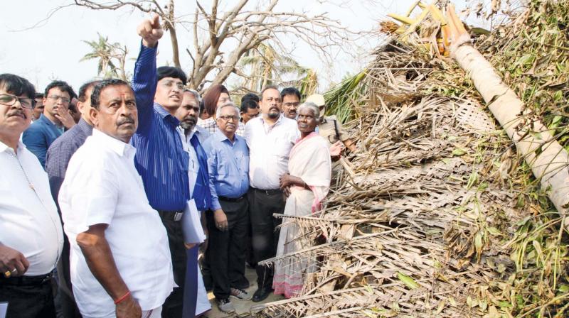 Senior IAS officer Dr J. Radhakrishnan explaining the destruction caused by Cyclone Gaja to the Central team during its visit to the worst-hit Vedaranyam region of Nagapattinam district on Monday. (Photo: DC) Senior IAS officer Dr J. Radhakrishnan explaining the destruction caused by Cyclone Gaja to the Central team during its visit to the worst-hit Vedaranyam region of Nagapattinam district on Monday. (Photo: DC)