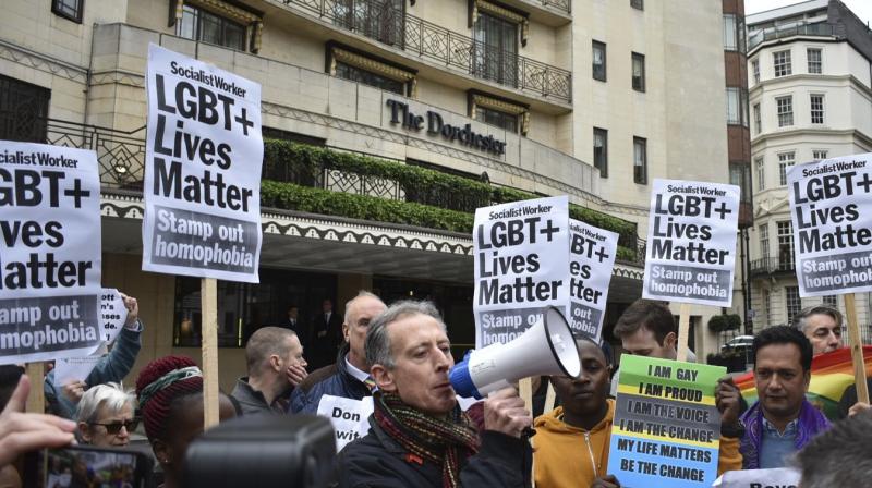 Public outrage in London gainst new Islamic laws in Brunei that punish gay sex and adultery by stoning offenders to death. (Photo:AP) Public outrage in London gainst new Islamic laws in Brunei that punish gay sex and adultery by stoning offenders to death. (Photo:AP)