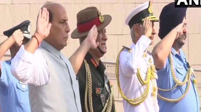 Army Chief General Bipin Rawat, Air Chief Marshal BS Dhanoa and Navy Chief Admiral Karambir Singh were also present at the memorial. (Photo: ANI twitter) Army Chief General Bipin Rawat, Air Chief Marshal BS Dhanoa and Navy Chief Admiral Karambir Singh were also present at the memorial. (Photo: ANI twitter)