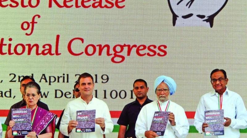 UPA chairperson Sonia Gandhi, Congress chief Rahul Gandhi, former PM Manmohan Singh and former Union minister P. Chidambaram release the party’s manifesto for the upcoming general elections in New Delhi on Tuesday. (Photo: G.N. JHA) UPA chairperson Sonia Gandhi, Congress chief Rahul Gandhi, former PM Manmohan Singh and former Union minister P. Chidambaram release the party’s manifesto for the upcoming general elections in New Delhi on Tuesday. (Photo: G.N. JHA)
