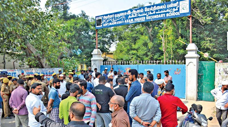 People gathered to protest against the demolition of Madrasa-E-Azam Higher Secondary School on Anna Salai. (Photo: DC) People gathered to protest against the demolition of Madrasa-E-Azam Higher Secondary School on Anna Salai. (Photo: DC)