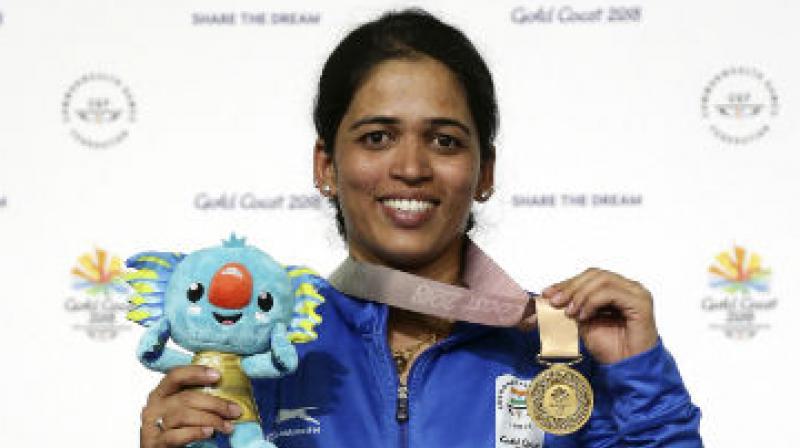 Tejaswini held the lead from the first shot in the finals and broke the CWG record with 457.9. (Photo: AP) Tejaswini held the lead from the first shot in the finals and broke the CWG record with 457.9. (Photo: AP)