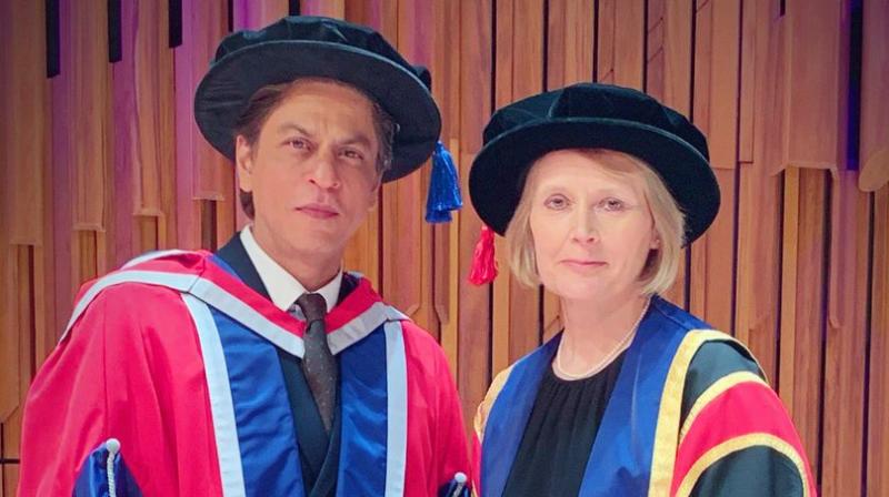 Shah Rukh Khan honoured with an Honorary doctorate in Philanthropy by The University of Law, London. (Photo: Twitter) Shah Rukh Khan honoured with an Honorary doctorate in Philanthropy by The University of Law, London. (Photo: Twitter)