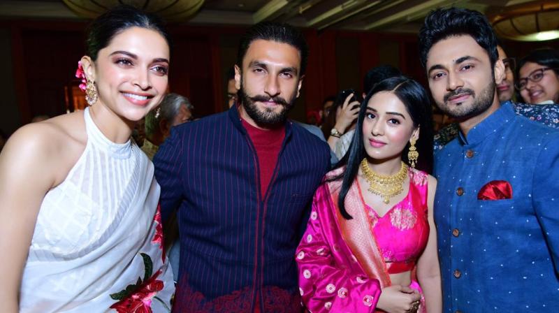 Deepika Padukone and Ranveer Singh met Amrita Rao and RJ Anmol at a wedding. Deepika Padukone and Ranveer Singh met Amrita Rao and RJ Anmol at a wedding.