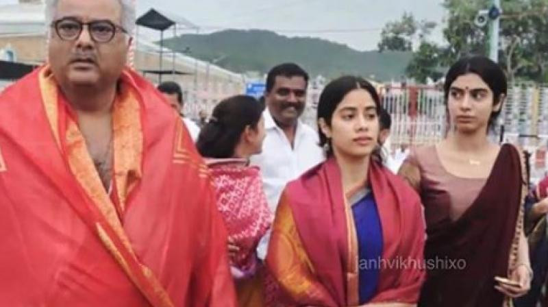 Boney, Janhvi and Khushi Kapoor at Tirumala Tirupati Temple. (Photo: Instagram/ janhvikhushixo) Boney, Janhvi and Khushi Kapoor at Tirumala Tirupati Temple. (Photo: Instagram/ janhvikhushixo)