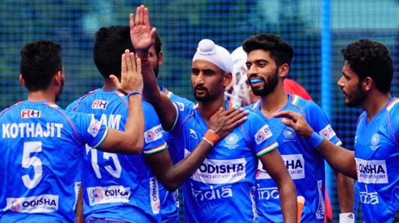 Captain Harmanpreet Singh (7') set the ball rolling before Shamsher Singh (18'), Nilakanta Sharma (22'), Gursahibjit Singh (26') and Mandeep Singh (27') scored for India at the Oi Hockey Stadium. (Twitter: Hockey India) Captain Harmanpreet Singh (7') set the ball rolling before Shamsher Singh (18'), Nilakanta Sharma (22'), Gursahibjit Singh (26') and Mandeep Singh (27') scored for India at the Oi Hockey Stadium. (Twitter: Hockey India)