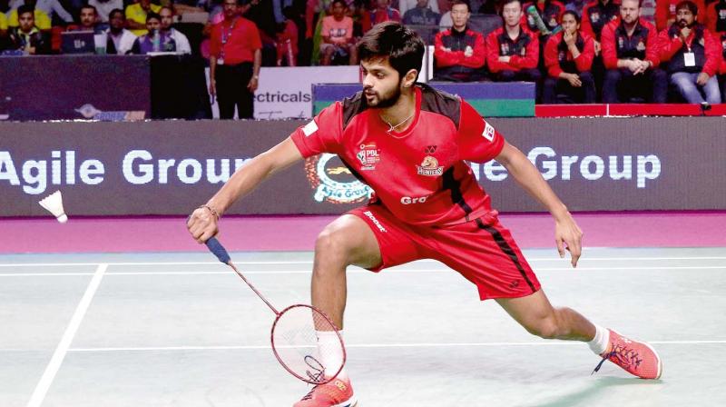 Hyderabad Hunters’ Sai Praneeth en route to his 10-15, 15-7, 15-14 win over Chong Wei Feng of Bengaluru Blasters in their PBL match in Hyderabad on Thursday. Hyderabad Hunters’ Sai Praneeth en route to his 10-15, 15-7, 15-14 win over Chong Wei Feng of Bengaluru Blasters in their PBL match in Hyderabad on Thursday.