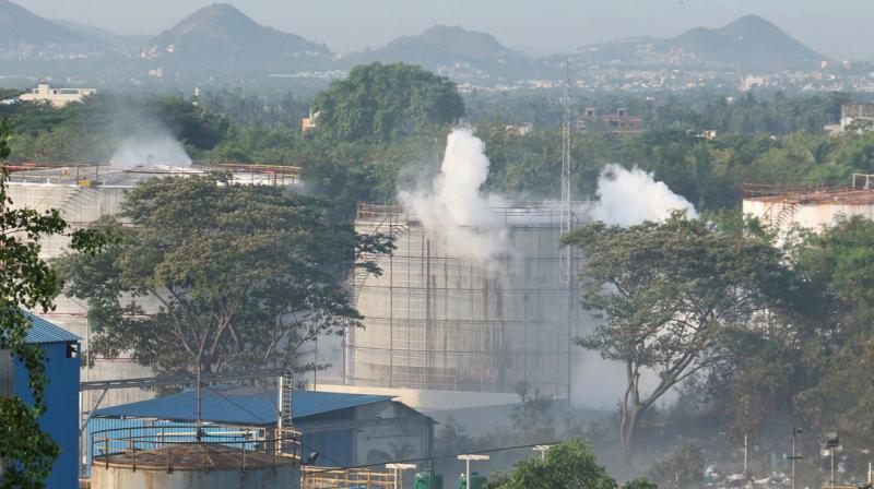 Vapour billows out of LG Polymers Plant after a major chemical gas leak in RR Venkatapuram village near Visakhapatnam. (PTI)