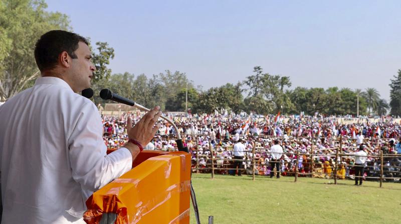 Congress President Rahul Gandhi addresses a public meeting at Pakhanjore, in Kanker district, on Friday. (Photo: PTI) Congress President Rahul Gandhi addresses a public meeting at Pakhanjore, in Kanker district, on Friday. (Photo: PTI)