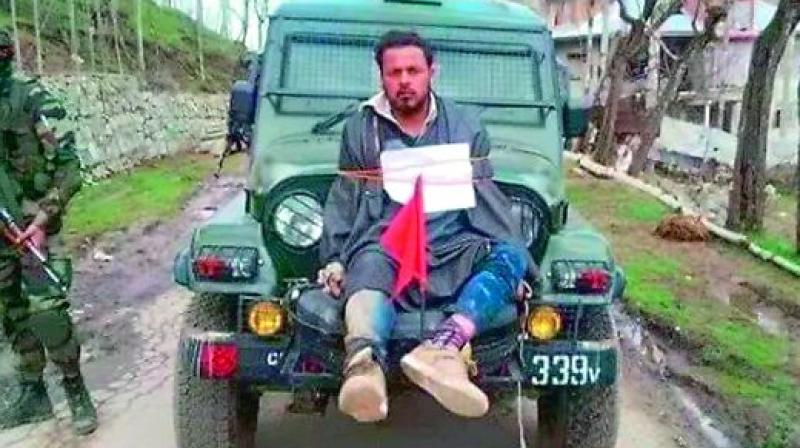 On April 9, 2017, a team led by Major Leetul Gogoi tied Farooq Ahmad Dar to the bonnet of an Army jeep to escape heavy stone pelting in central Kashmir's Budgam district. (Photo: File) On April 9, 2017, a team led by Major Leetul Gogoi tied Farooq Ahmad Dar to the bonnet of an Army jeep to escape heavy stone pelting in central Kashmir's Budgam district. (Photo: File)