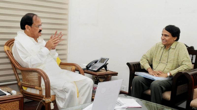 Union Minister for Railways Suresh Prabhu calling on Vice President Venkaiah Naidu, in New Delhi. (Photo: PTI) Union Minister for Railways Suresh Prabhu calling on Vice President Venkaiah Naidu, in New Delhi. (Photo: PTI)
