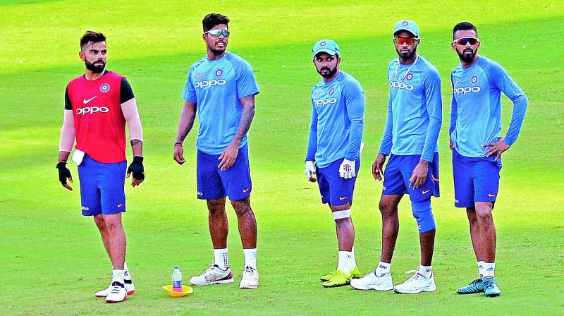 Virat Kohli (from left), Umesh Yadav, Kedar Jadhav, Hardik Pandya and K.L. Rahul during a training session in Chennai on Friday. (Photo: E. K. Sanjay) Virat Kohli (from left), Umesh Yadav, Kedar Jadhav, Hardik Pandya and K.L. Rahul during a training session in Chennai on Friday. (Photo: E. K. Sanjay)