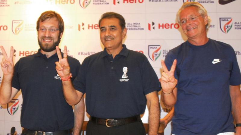 FIFA U-17 World Cup tournament director Javier Ceppi (from left), AIFF president Praful Patel and India Under-17 coach Luis Nortan De Matos in New Delhi on Tuesday. (Photo: BIPLAB BANERJEE) FIFA U-17 World Cup tournament director Javier Ceppi (from left), AIFF president Praful Patel and India Under-17 coach Luis Nortan De Matos in New Delhi on Tuesday. (Photo: BIPLAB BANERJEE)