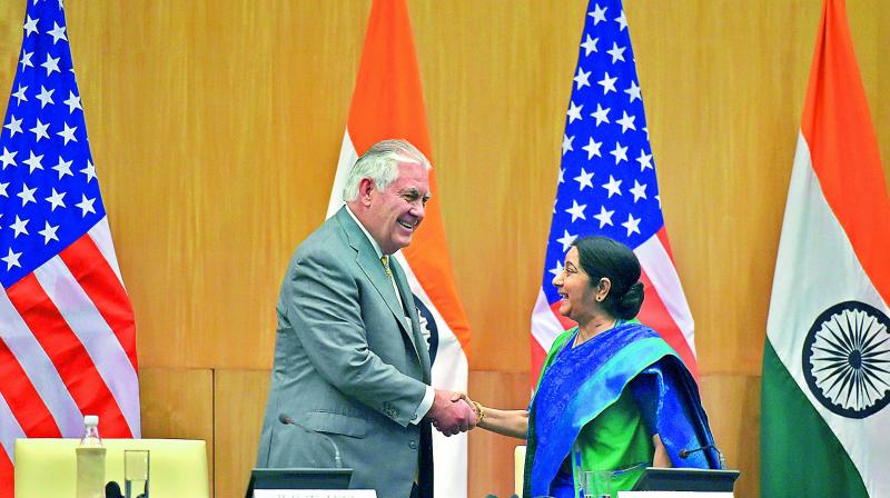 Minister for external affairs Sushma Swaraj and US secretary of state Rex Tillerson in New Delhi on Wednesday. (Photo: PTI) Minister for external affairs Sushma Swaraj and US secretary of state Rex Tillerson in New Delhi on Wednesday. (Photo: PTI)