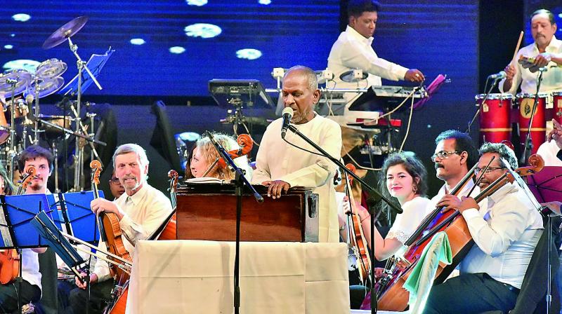 Maestro Ilayaraja with musicians from around the world on Sunday evening at the Gachibowli Stadium. Maestro Ilayaraja with musicians from around the world on Sunday evening at the Gachibowli Stadium.