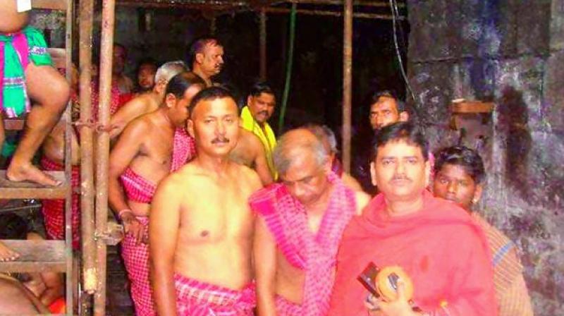 Experts in traditional clothes carry out scientific survey in the sanctum sanctorum of Sri Jagannath temple. Experts in traditional clothes carry out scientific survey in the sanctum sanctorum of Sri Jagannath temple.