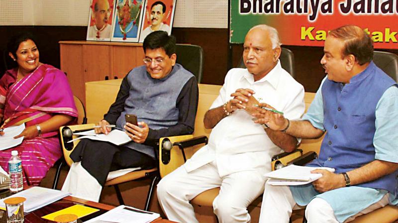 BJP leaders Daggubati Purandeswari, Piyush Goyal, B.S. Yeddyurappa and H.N. Ananth Kumar at the party’s core committee meeting in Bengaluru on Saturday. (Photo: KPN) BJP leaders Daggubati Purandeswari, Piyush Goyal, B.S. Yeddyurappa and H.N. Ananth Kumar at the party’s core committee meeting in Bengaluru on Saturday. (Photo: KPN)