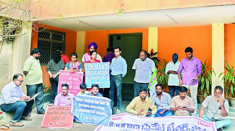 HSPA members stage a protest at the directorate of school education on fee hike by private schools on Saturday. (Photo: DC) HSPA members stage a protest at the directorate of school education on fee hike by private schools on Saturday. (Photo: DC)