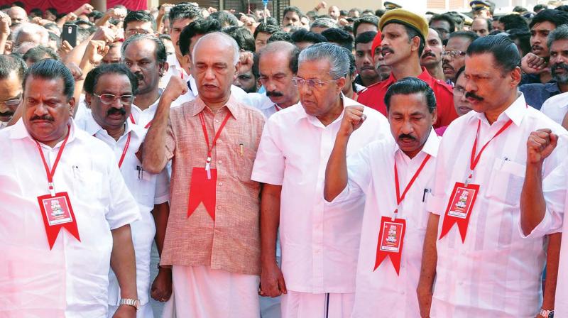 Chief Minister Pinarayi Vijayan among other CPM leaders at the party's Kozhikode district conference at Koyilandy on Tuesday. (Photo: DC) Chief Minister Pinarayi Vijayan among other CPM leaders at the party's Kozhikode district conference at Koyilandy on Tuesday. (Photo: DC)
