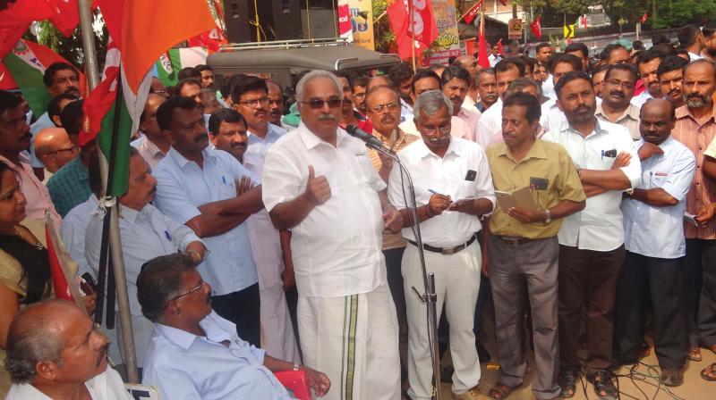 CPI state secretary Kanam Rajendran addresses protesters in front of HLL Lifecare Limited in Thiruvananthapuram on Tuesday. CPI state secretary Kanam Rajendran addresses protesters in front of HLL Lifecare Limited in Thiruvananthapuram on Tuesday.