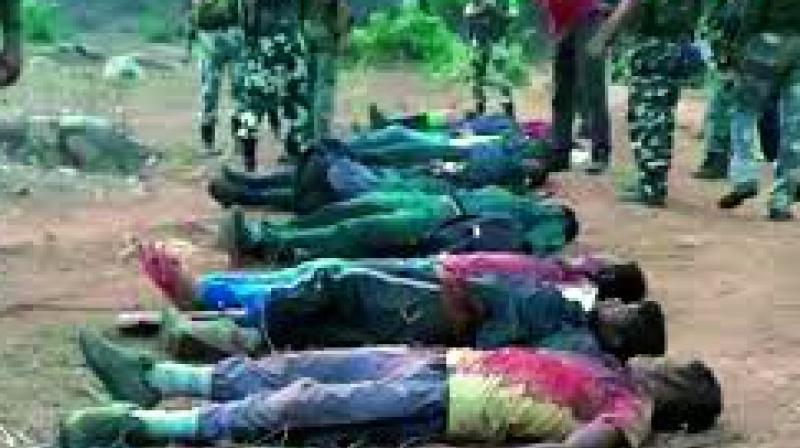 Bodies of slain Maoists who were killed in an encounter near Chhattisgarh’s Bijapur district bordering Telangana on Friday. (Photo: DC) Bodies of slain Maoists who were killed in an encounter near Chhattisgarh’s Bijapur district bordering Telangana on Friday. (Photo: DC)