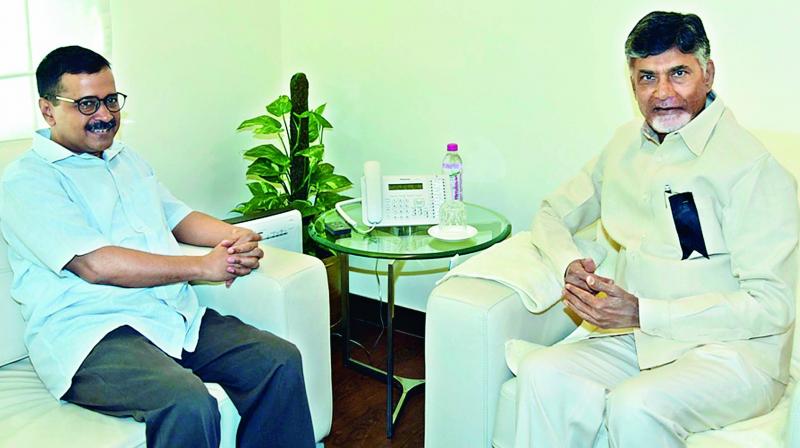 Andhra Pradesh Chief Minister N. Chandrababu Naidu holds talks with Delhi CM Arvind Kejriwal at AP Bhavan in New Delhi on Wednesday. The AP Chief Minister understood to have discussed state issues with the AAP chief and sought his support. Andhra Pradesh Chief Minister N. Chandrababu Naidu holds talks with Delhi CM Arvind Kejriwal at AP Bhavan in New Delhi on Wednesday. The AP Chief Minister understood to have discussed state issues with the AAP chief and sought his support.