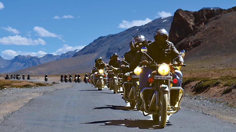 A group of motorcycle riders on a Ladakh expedition. A group of motorcycle riders on a Ladakh expedition.