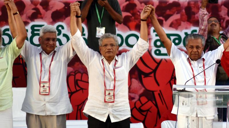 Senior CPM leaders Prakash Karat, Sitaram Yechury and Kerala Chief Minister Pinarayi Vijayan at the party’s 22nd national convention at Saroornagar stadium in the city on Sunday. (Photo: S.S.Reddy) Senior CPM leaders Prakash Karat, Sitaram Yechury and Kerala Chief Minister Pinarayi Vijayan at the party’s 22nd national convention at Saroornagar stadium in the city on Sunday. (Photo: S.S.Reddy)