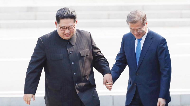 North Korean leader Kim Jong Un, left, and South Korean President Moon Jae-in embrace each other. (Photo: AP/File) North Korean leader Kim Jong Un, left, and South Korean President Moon Jae-in embrace each other. (Photo: AP/File)