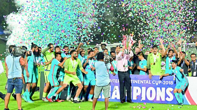 Indian Football team celebrates as they lift the Intercontinental Cup 2018. Indian Football team celebrates as they lift the Intercontinental Cup 2018.