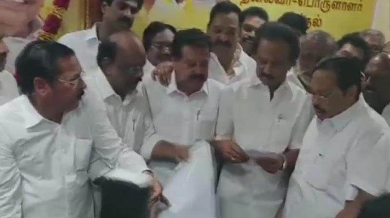 The process to elect Stalin as DMK chief following the death of his father and party chief M Karunanidhi began with the 65-year-old leader formally filing his nomination for the post. (Photo: ANI | Twitter) The process to elect Stalin as DMK chief following the death of his father and party chief M Karunanidhi began with the 65-year-old leader formally filing his nomination for the post. (Photo: ANI | Twitter)