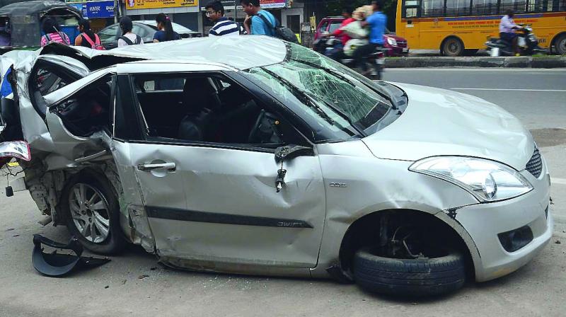 Car damaged in the accident in Saroornagar after hitting Metro Rail Pillar on Wednesday night. (Photo: DC) Car damaged in the accident in Saroornagar after hitting Metro Rail Pillar on Wednesday night. (Photo: DC)