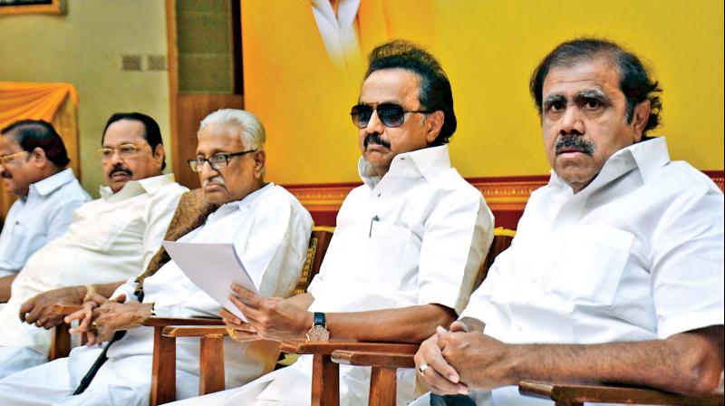 Top DMK leaders at district secretaries meeting in Anna Arivalayam on Thursday. (Photo: DC) Top DMK leaders at district secretaries meeting in Anna Arivalayam on Thursday. (Photo: DC)