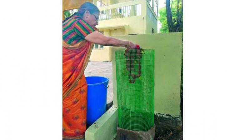A resident uses a green-netted basket which attracts people and creates awareness regarding composting. A resident uses a green-netted basket which attracts people and creates awareness regarding composting.