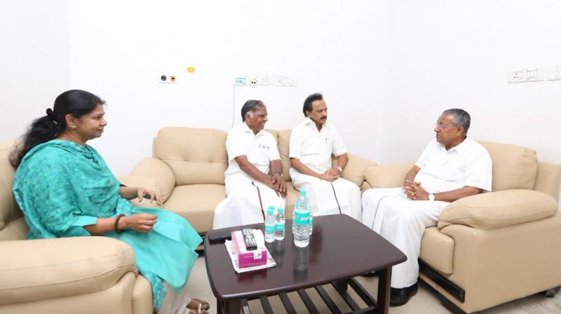 Image result for Kerala CM meets karunanidhi in Hospital