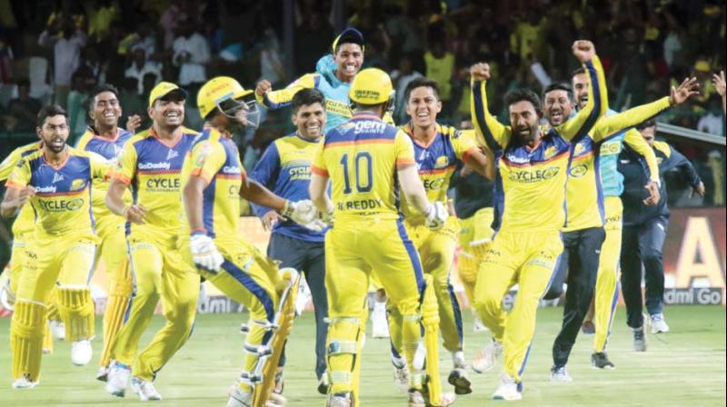 Mysuru Warriors players rush on to the field after they chased down a record target of 240 in the Karnataka Premier League on Monday on the back of Aniruddha Joshi’s brilliant century against Ballari Tuskers. Mysuru Warriors players rush on to the field after they chased down a record target of 240 in the Karnataka Premier League on Monday on the back of Aniruddha Joshi’s brilliant century against Ballari Tuskers.