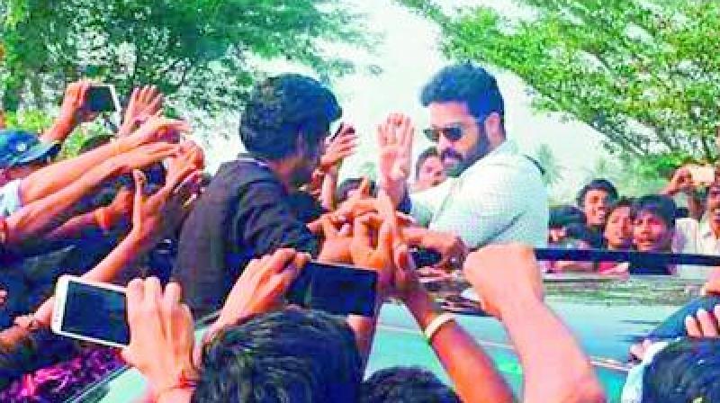 JR NTR mobbed by fans in Rajahmundry JR NTR mobbed by fans in Rajahmundry