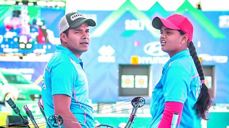 Vennam Jyothi Surekha (right) and Abhishek Verma during the Archery World Cup Stage IV in Berlin. Vennam Jyothi Surekha (right) and Abhishek Verma during the Archery World Cup Stage IV in Berlin.
