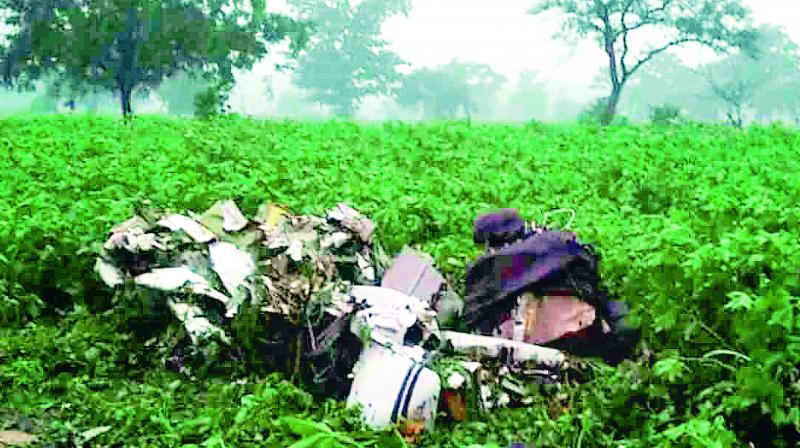 The wreckage of a Cessna trainer aircraft in a cotton field near Sultanpur village in Bantwaram Mandal of Vikarabad district of Telangana, on Sunday. The wreckage of a Cessna trainer aircraft in a cotton field near Sultanpur village in Bantwaram Mandal of Vikarabad district of Telangana, on Sunday.