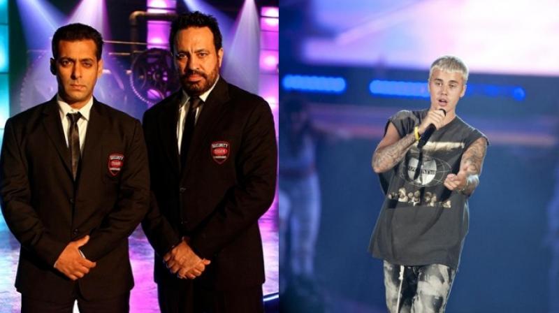 Salman Khan with his bodyguard Shera, and Justin Bieber. Salman Khan with his bodyguard Shera, and Justin Bieber.
