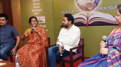 K.M. Chaithanya along with other panelists at the Mysuru Literature Festival 2019