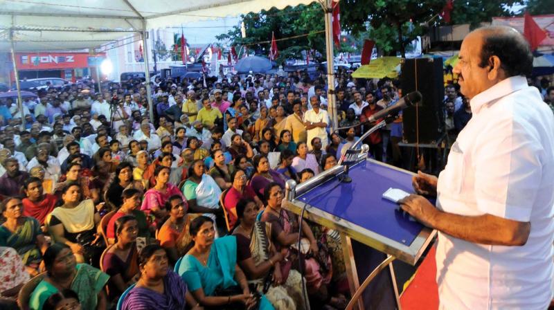 CPM state secretary Kodiyeri Balakrishnan addresses a protest meeting against Centre's notification imposing restrictions on sale of cattle for slaughter, in Thiruvananthapuram on Friday. (Photo: DC) CPM state secretary Kodiyeri Balakrishnan addresses a protest meeting against Centre's notification imposing restrictions on sale of cattle for slaughter, in Thiruvananthapuram on Friday. (Photo: DC)