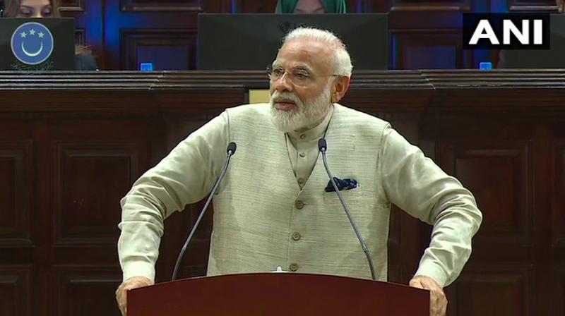 while addressing the Maldivian Parliament, the Majlis, in a veiled attack on Pakistan, Modi said that state sponsorship of terrorism is the biggest threat the humanity is facing today as he urged the world leaders to unite for combating the menace. (Photo: ANI) while addressing the Maldivian Parliament, the Majlis, in a veiled attack on Pakistan, Modi said that state sponsorship of terrorism is the biggest threat the humanity is facing today as he urged the world leaders to unite for combating the menace. (Photo: ANI)