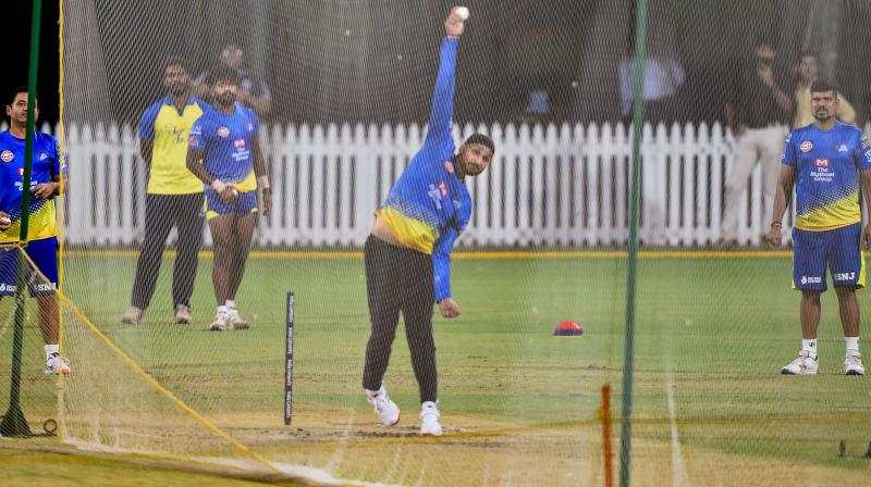 Harbhajan Singh bowls at the Chennai Super Kings nets at MA Chidambaram Stadium in Chennai, on March 12. PTI Photo