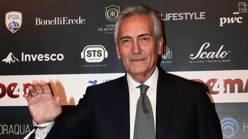 President of the Italian football federation Gabriele Gravina arrives at the \Gran Gala del Calcio\ Italian Football Association (Associazione Italiana Calciatori - IAC) awards ceremony on December 2, 2019, in Milan. (Photo by Miguel MEDINA / AFP)